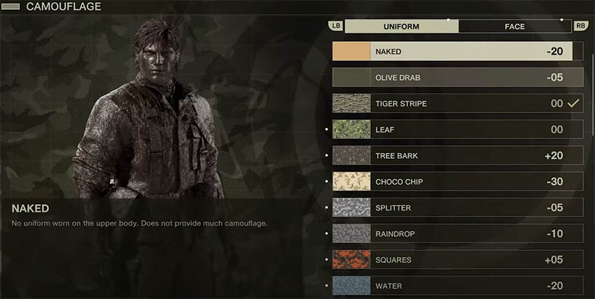 Metal Gear Solid Delta: Snake Eater Tarnmenü